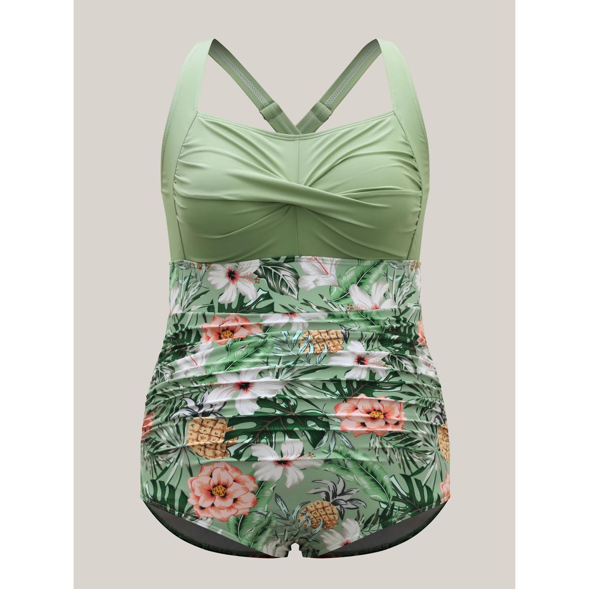 Plus Size Twist-Front Floral Spliced One-Piece Swimsuit Women's Swimwear LightGreen Beach Twist Curve Bathing Suits High stretch One Pieces BloomChic 22-24/3X Product Image