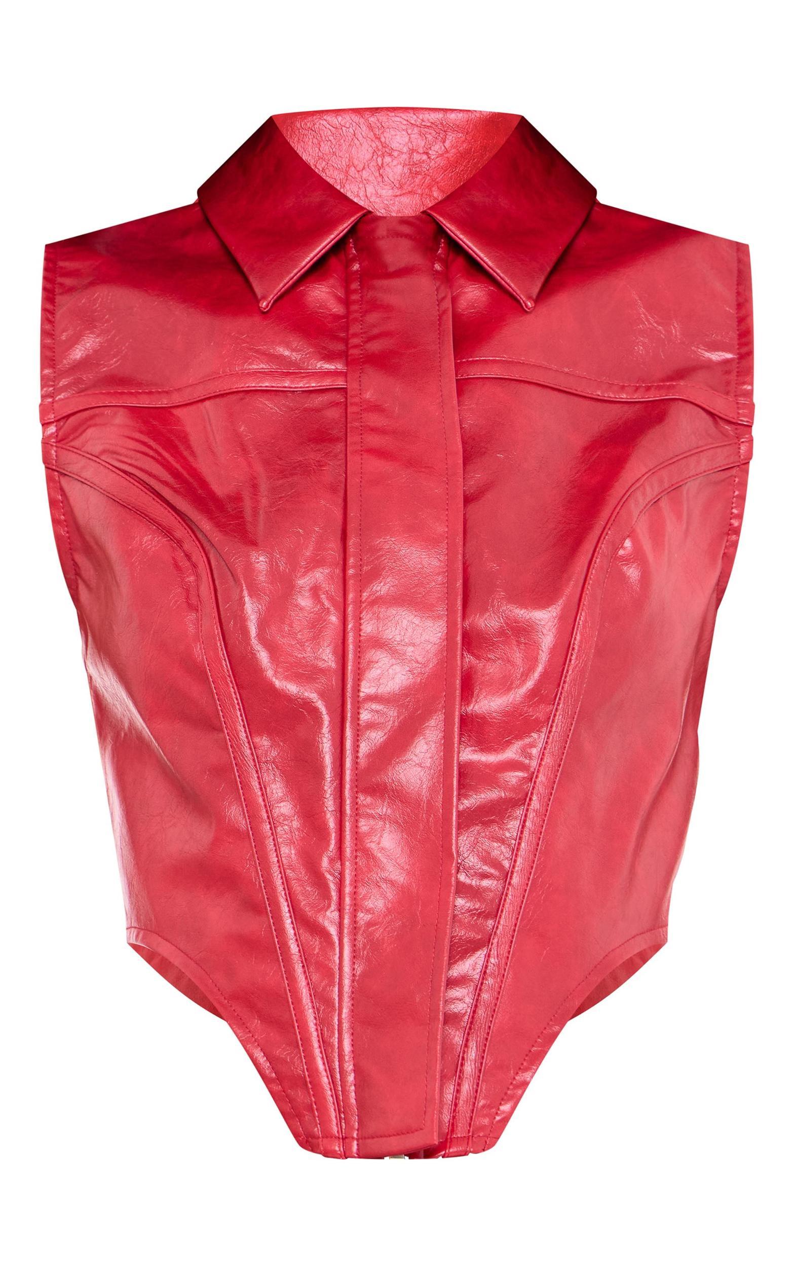Red Faux Leather Zip Up Dip Hem Long Top Product Image