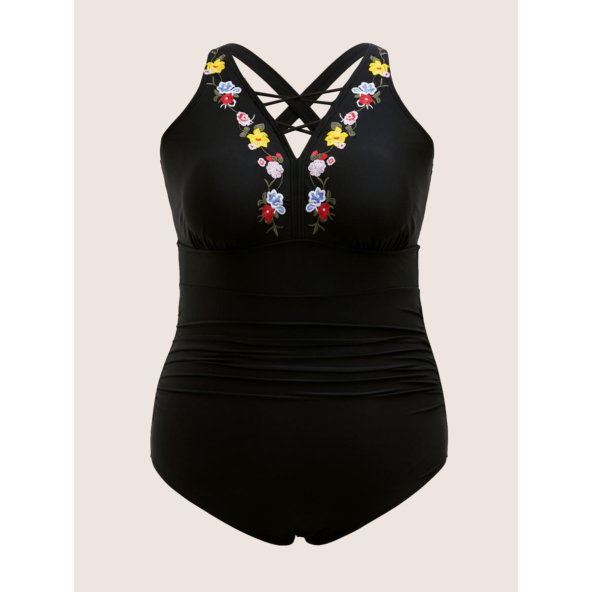 Plus Size Floral Embroidered Ruched Crisscross One Piece Swimsuit Women's Swimwear Black Beach Gathered Curve Bathing Suits High stretch One Pieces BloomChic 26/4X Product Image