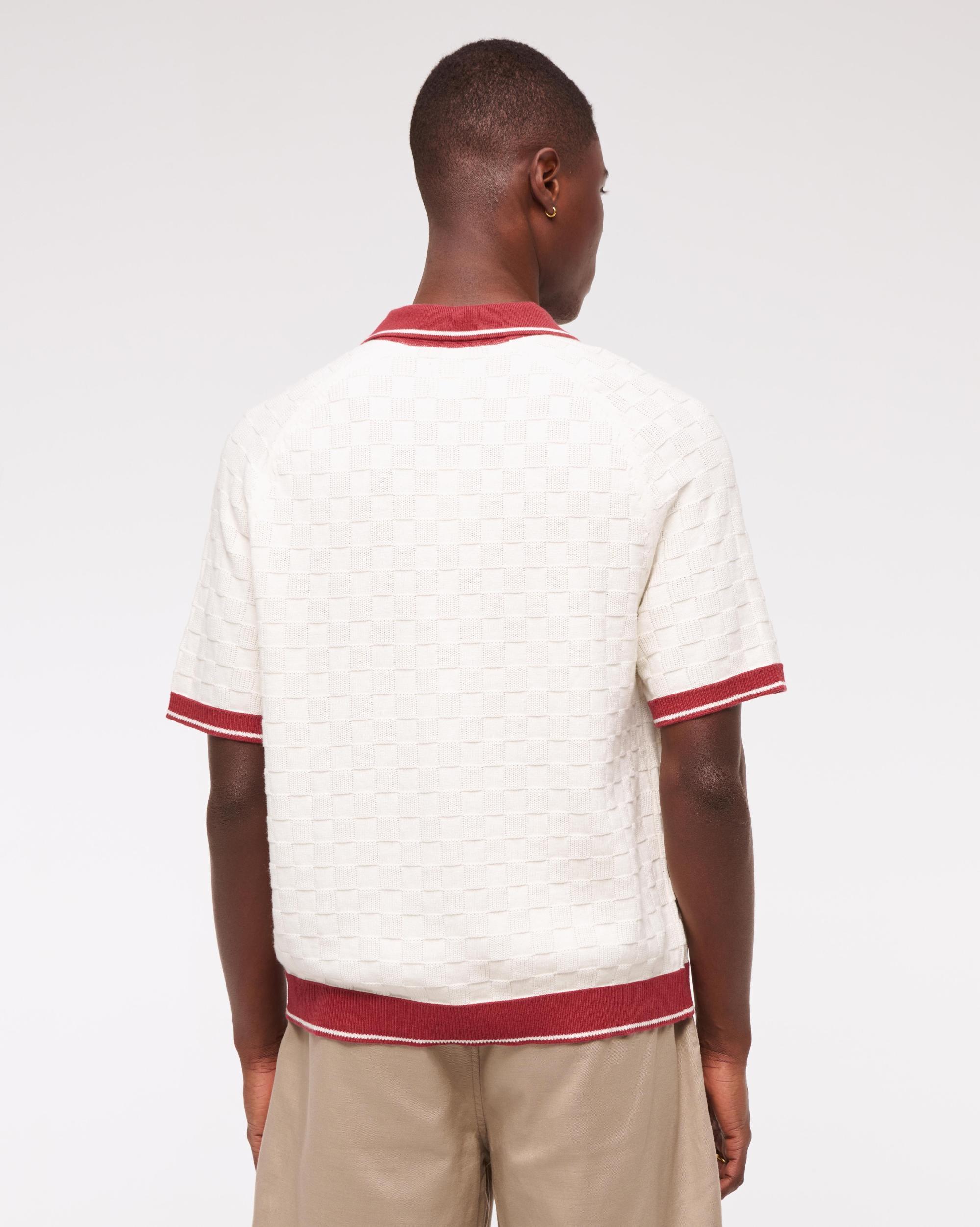 Cropped Checkered Stitch Johnny Collar Sweater Polo Product Image