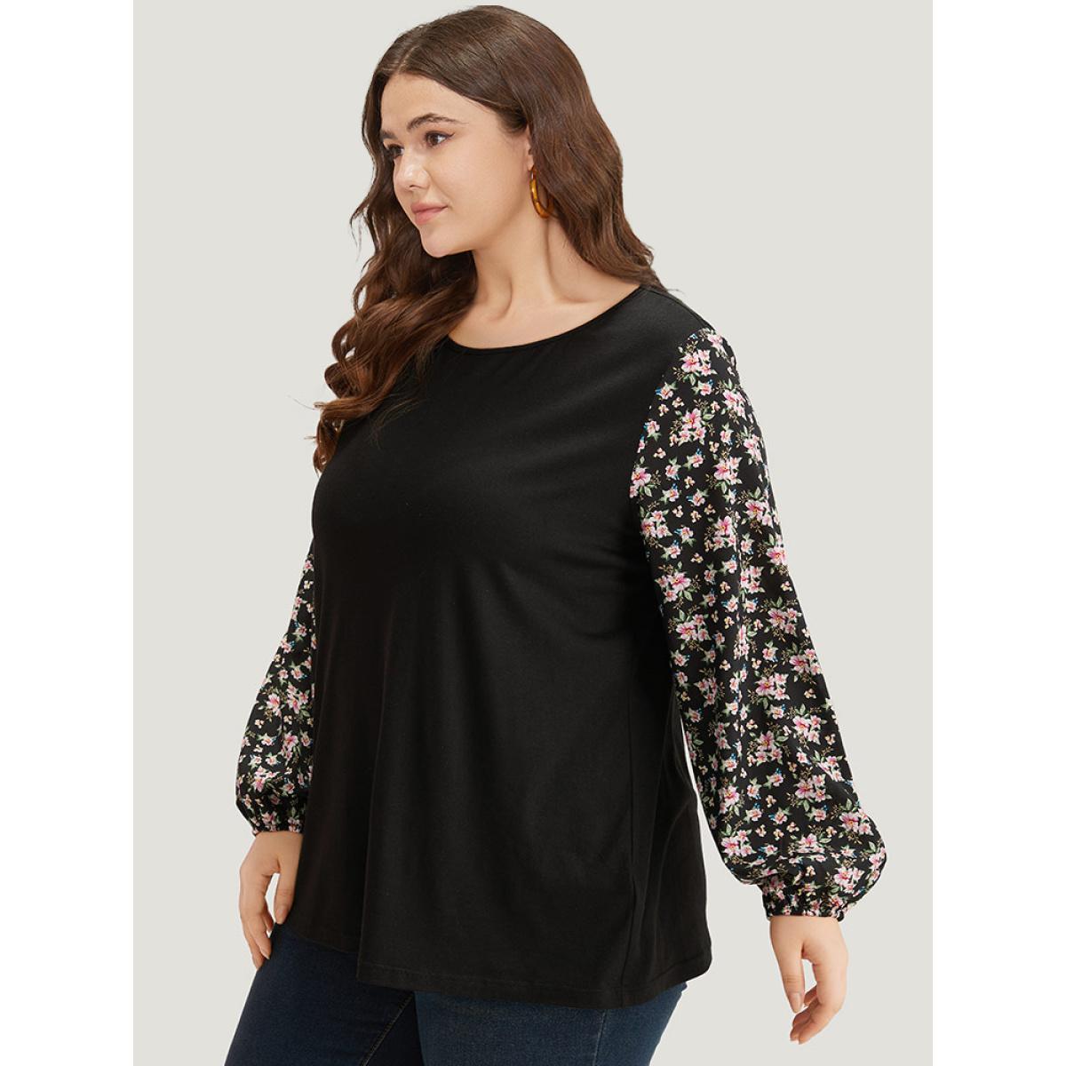 Plus Size Crew Neck Patchwork Ditsy Floral T-shirt Black Women Elegant Elastic cuffs Ditsy Floral Round Neck Dailywear T-shirts BloomChic 18-20/2X Product Image
