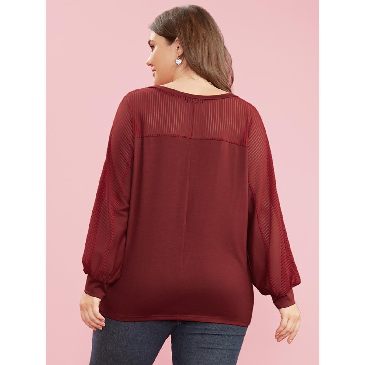 Plus Size Striped Mesh Patchwork Dolman Sleeve V Neck Long Tee Scarlet Women Elegant See through Plain Round Neck Dailywear T-shirts BloomChic 10/M Product Image