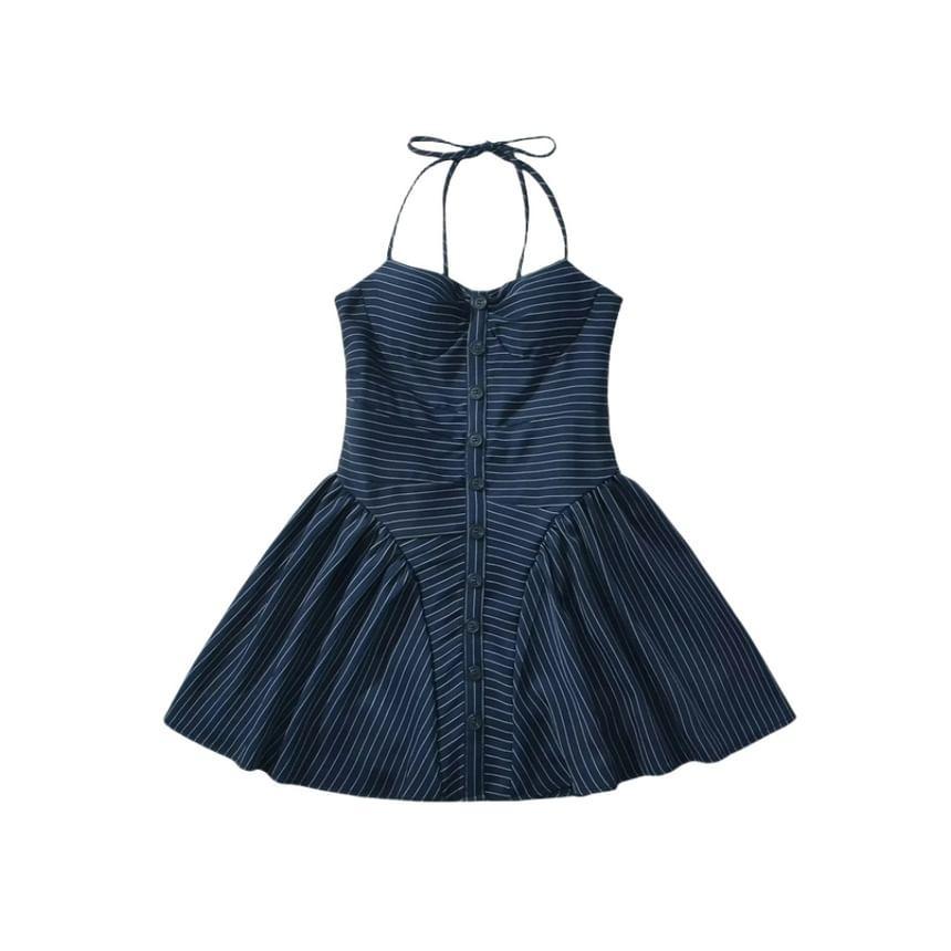 Halter Neck Striped Mini A-Line Dress Product Image