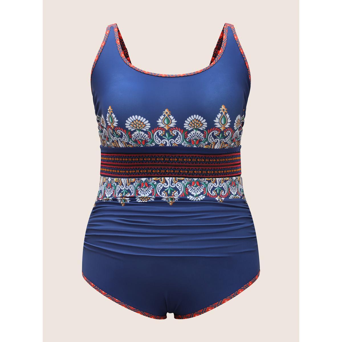 Plus Size U Neck Bandana Contrast Webbing One Piece Swimsuit Women's Swimwear Mediumblue Beach Woven ribbon&lace trim Curve Bathing Suits High stretch One Pieces BloomChic 22-24/3X Product Image