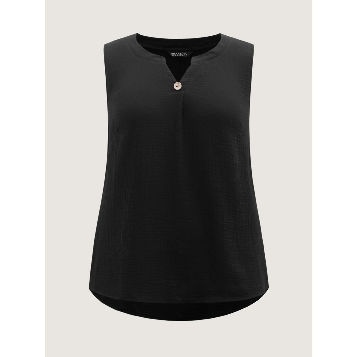 Plus Size Cotton Button Front Solid Tank Top Women Black Texture Flat collar with V-notch Everyday-Casual Tank Tops Camis BloomChic 14-16/1X Product Image