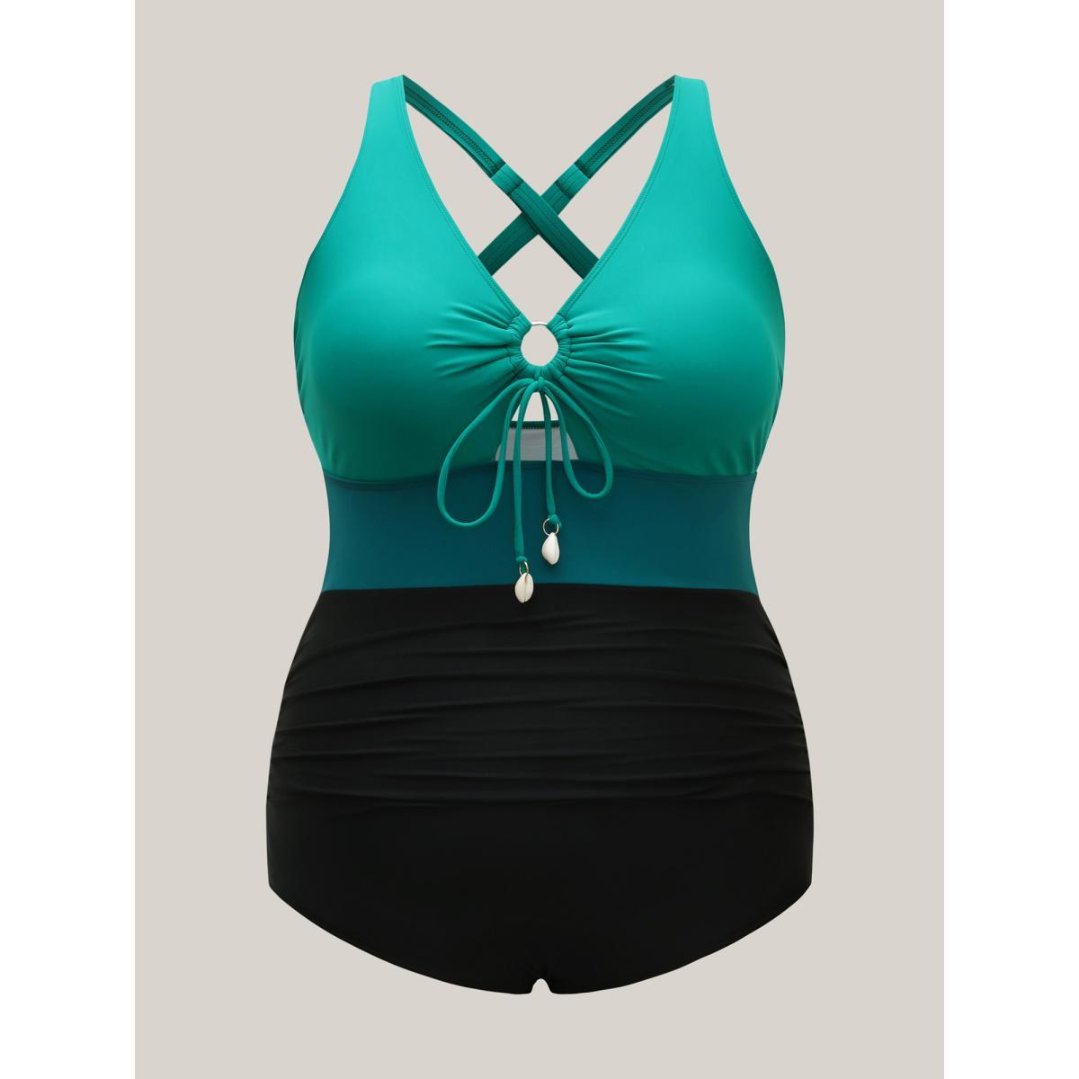 Plus Size Color Block Cut-Out One-Piece Swimsuit Women's Swimwear Emerald Beach Gathered Curve Bathing Suits High stretch One Pieces BloomChic 22-24/3X Product Image