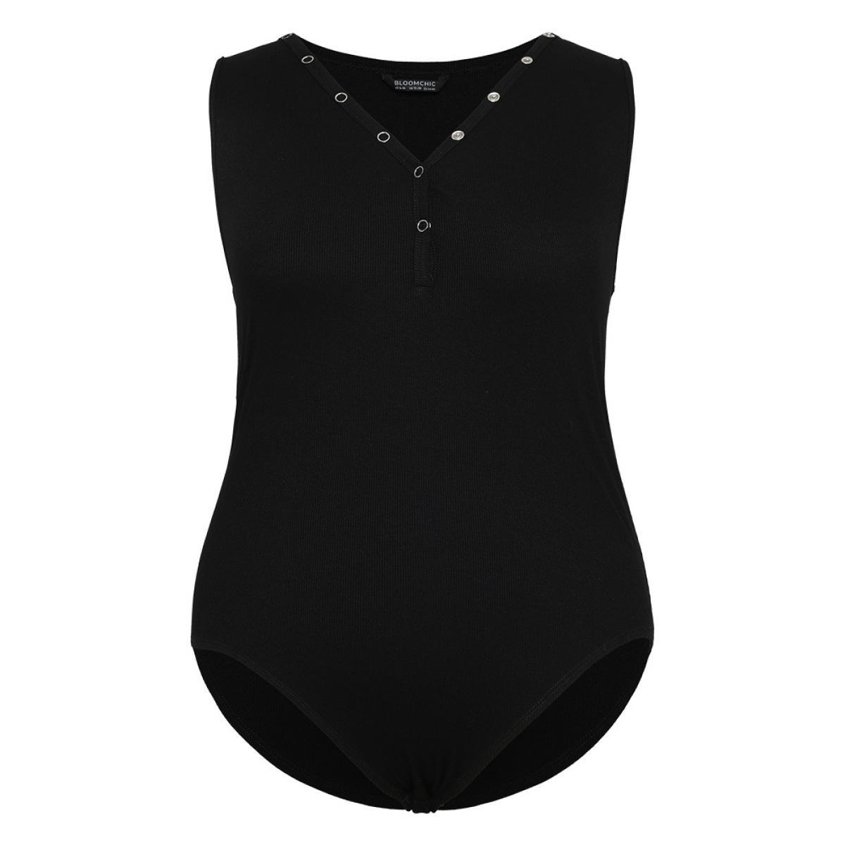 Plus Size Supersoft Essentials Plain Rib Knit Button Detail Tank Bodysuit Women Black Plain Button Bodysuits BloomChic 18-20/2X Product Image