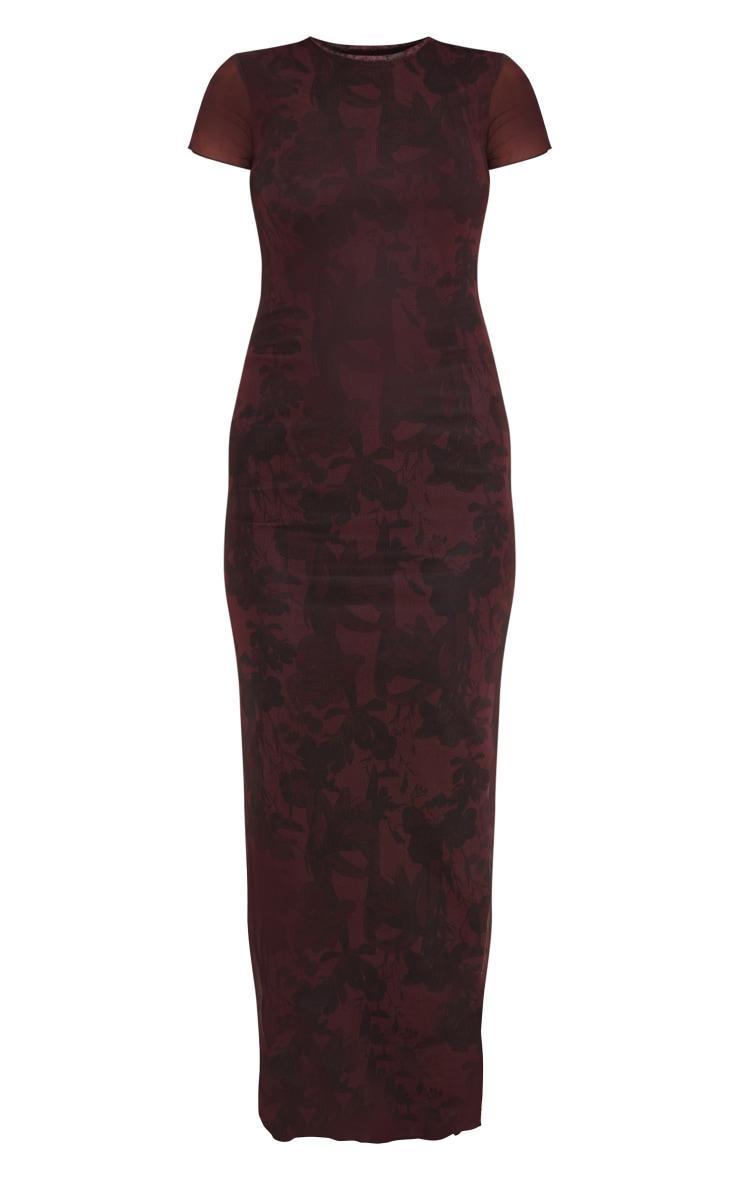 Burgundy Floral Print Mesh Short Sleeve Maxi Dress Product Image