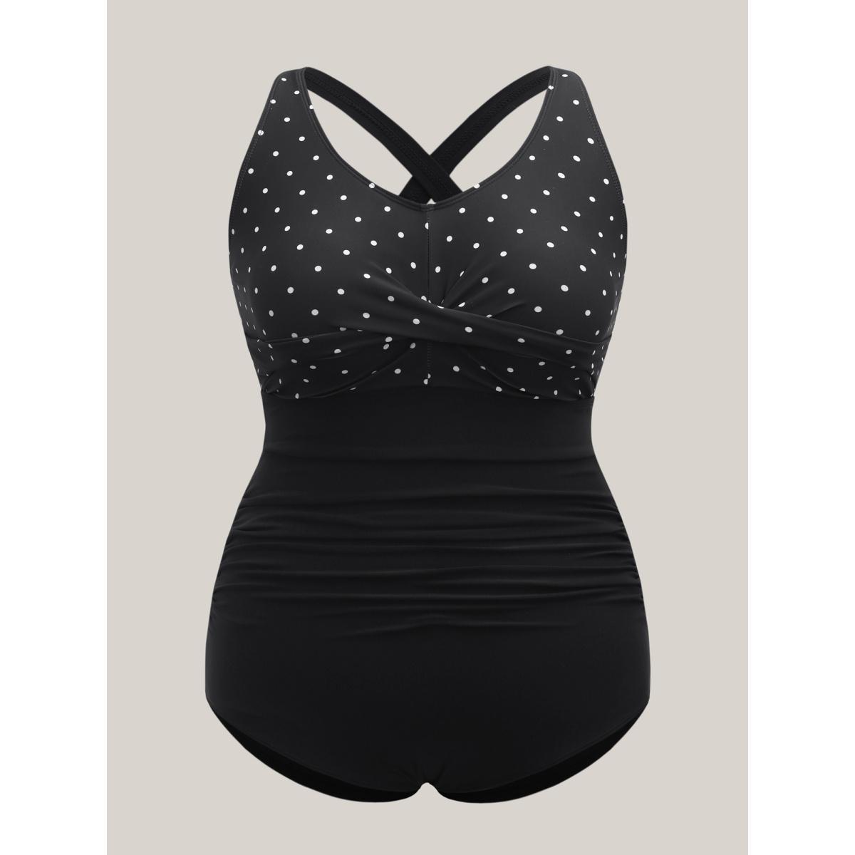 Plus Size Polka Dots Spliced Ruched One-Piece Swimsuit Women's Swimwear Black Beach Twist Curve Bathing Suits High stretch One Pieces BloomChic 22-24/3X Product Image