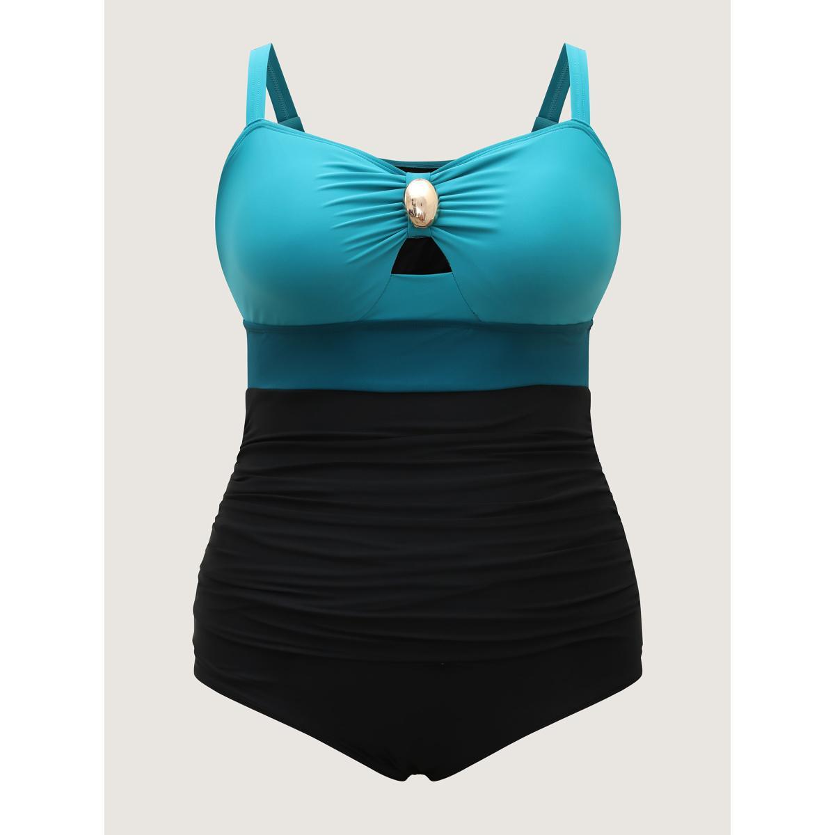 Plus Size Two-Piece Contrast Sheer Sarong Swimsuit Women's Swimwear Teal Beach Contrast Curve Bathing Suits High stretch One Pieces BloomChic 18-20/2X Product Image