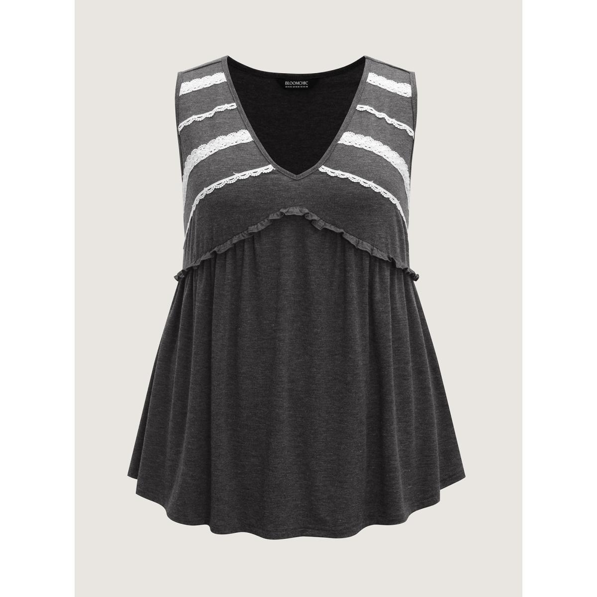 Plus Size Lace Trim V-Neck Tank Top Women DimGray Wraparound straps V-neck Everyday-Casual Tank Tops Camis BloomChic 26/4X Product Image
