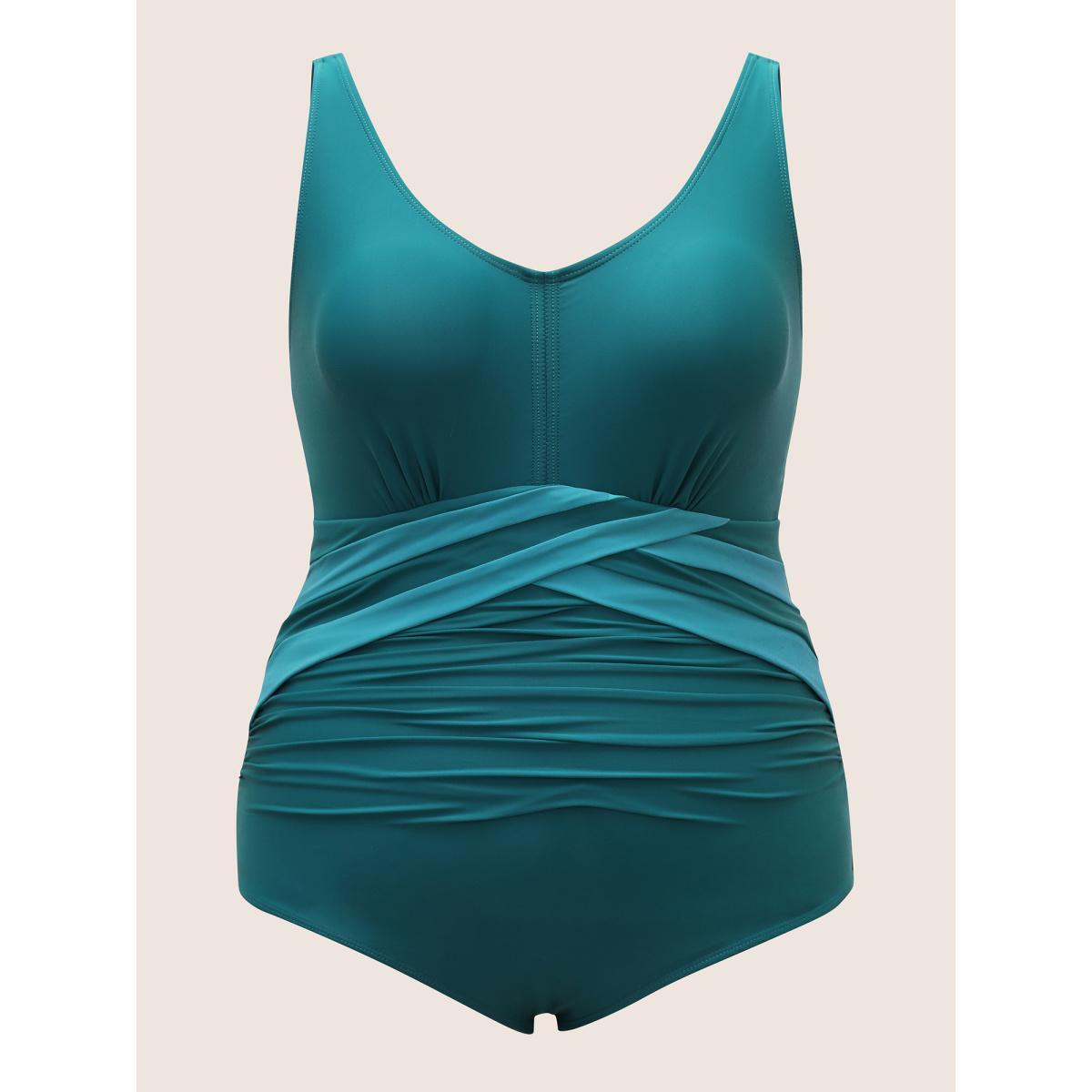 Plus Size Two Tone Crossover Gathered One Piece Swimsuit Women's Swimwear Cyan Beach Overlapping Curve Bathing Suits High stretch One Pieces BloomChic 10/M Product Image
