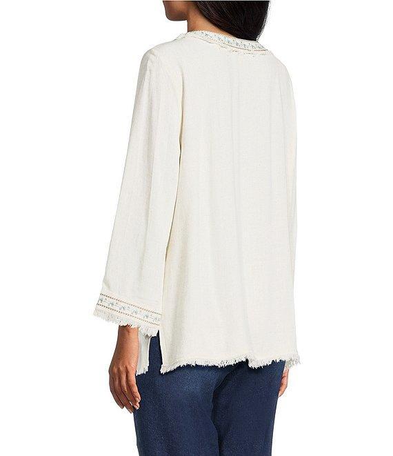 Multiples Petite Size Embroidered Textured V-Neck 3/4 Sleeve Fringe Edge Top Product Image