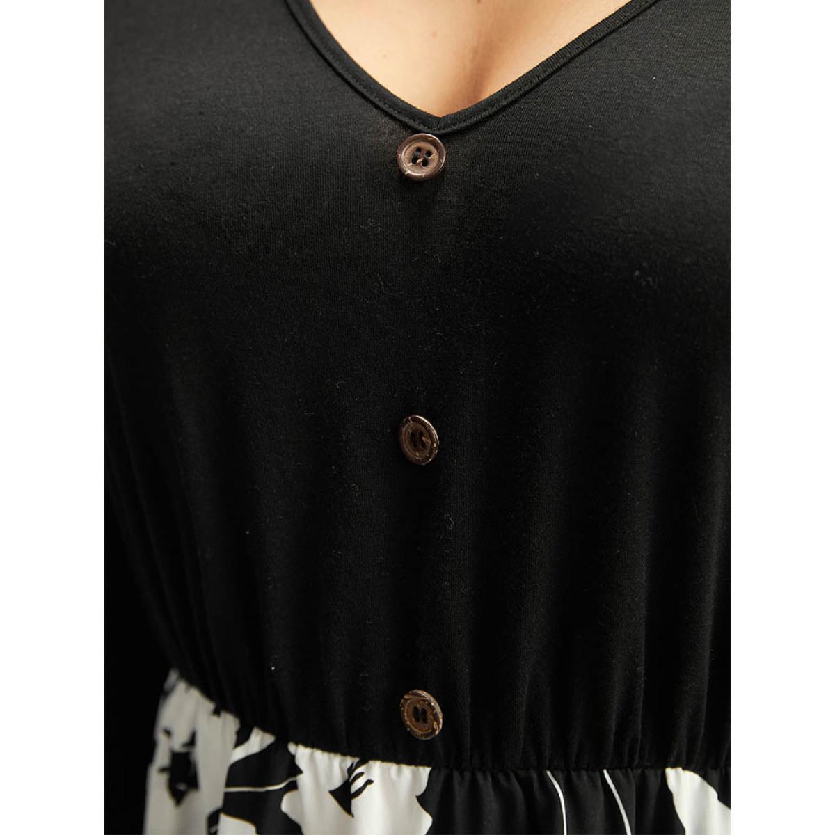 Plus Size Silhouette Floral Print Patchwork Button Detail Dress Black Women Elegant Printed V-neck Long Sleeve Curvy Midi Dress BloomChic 10/M Product Image