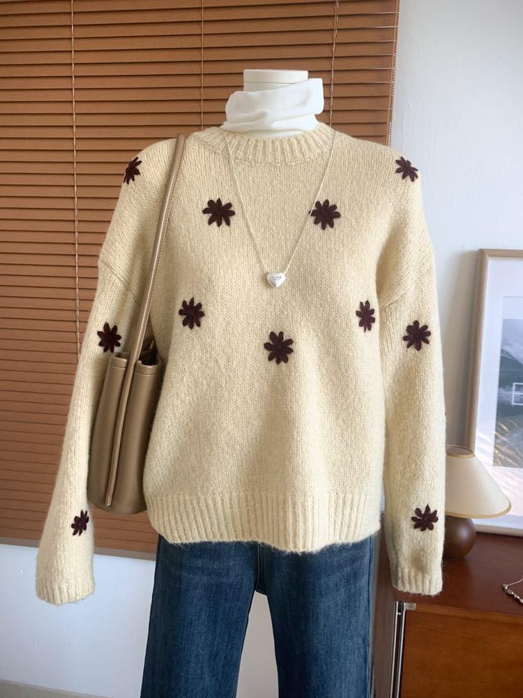 Crew Neck Floral Embroidered Sweater Product Image