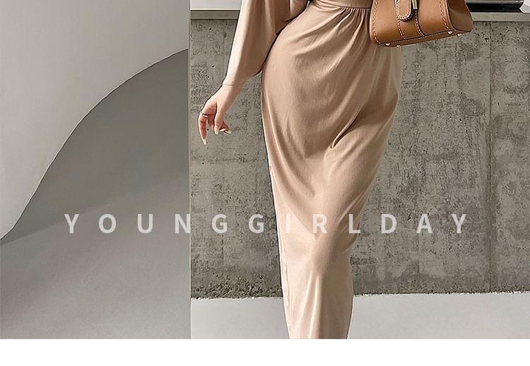 Long Sleeve V-Neck Plain Gathered Slit Maxi Sheath Dress Product Image