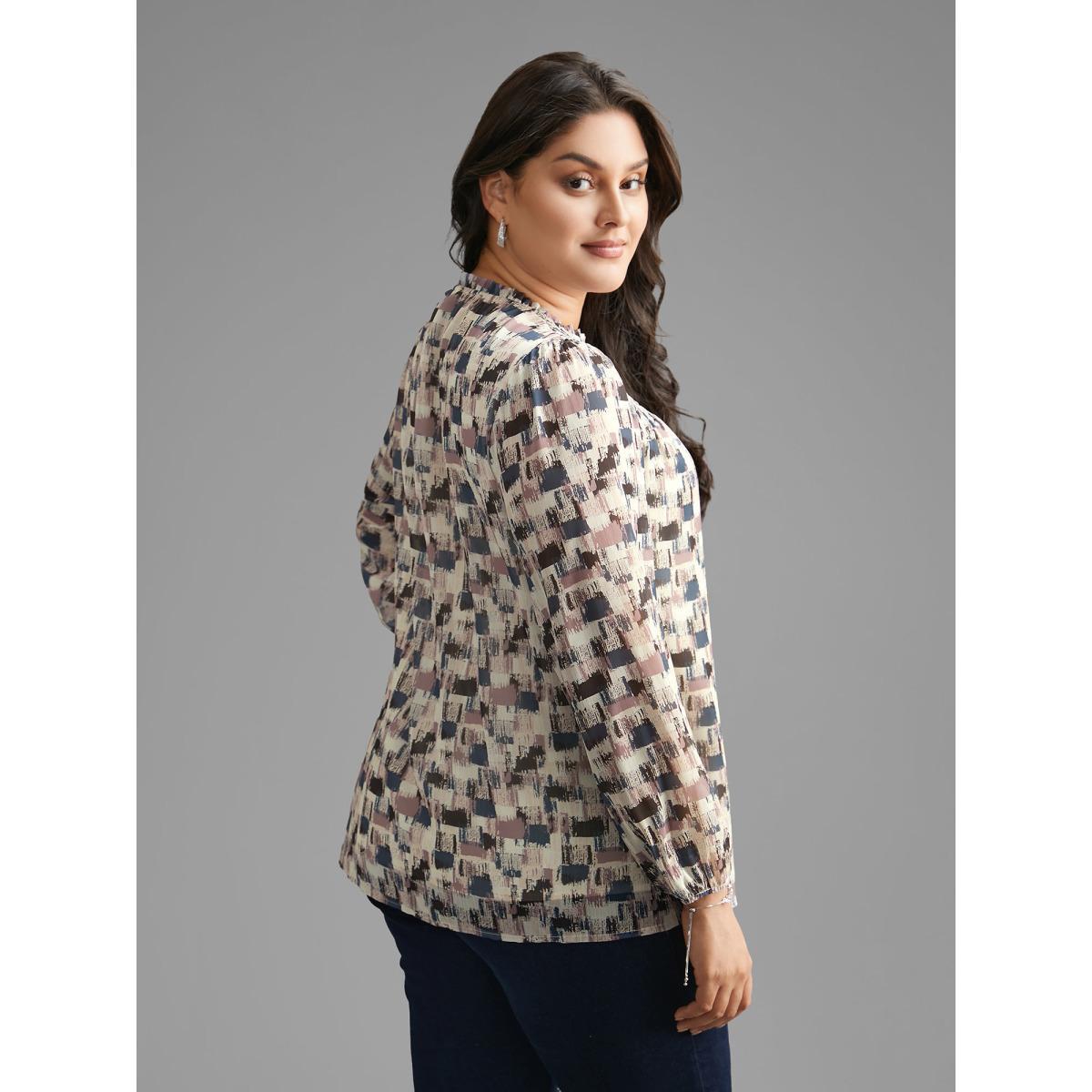 Plus Size Lilac Brush Print Shirred Ruffles Gathered Blouse Women Elegant Long Sleeve Mock Neck Everyday Blouses BloomChic 22-24/3X Product Image