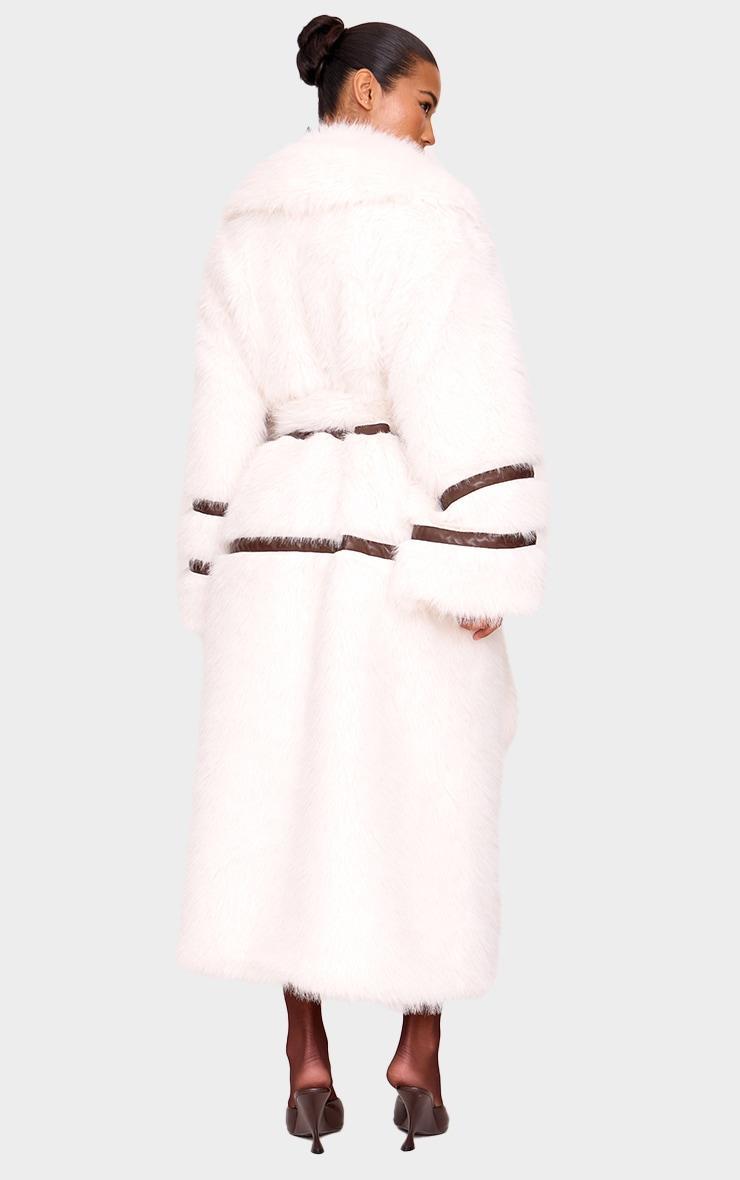 White Faux Fur Contrasting Faux Leather Trim Maxi Coat Product Image