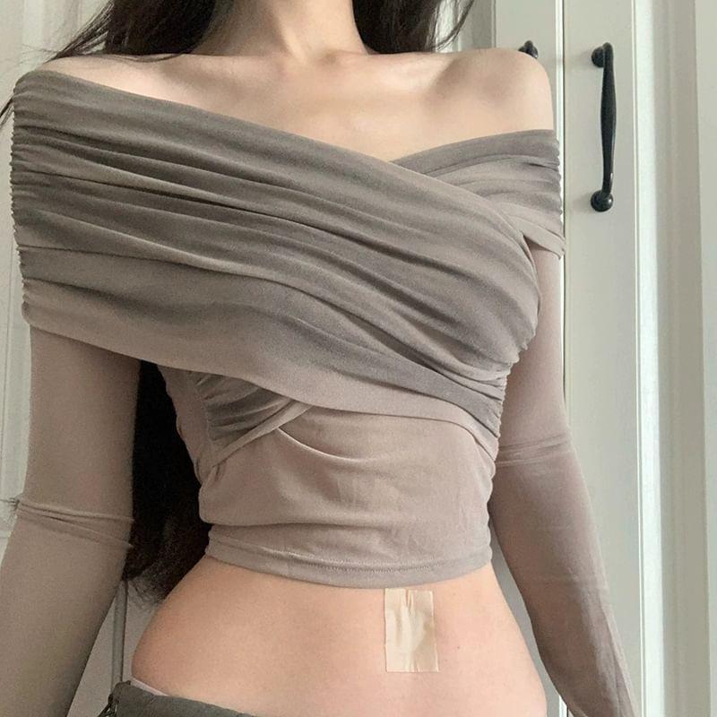 Off Shoulder Long Sleeve Plain Ruched Mesh Panel Crop Top Product Image
