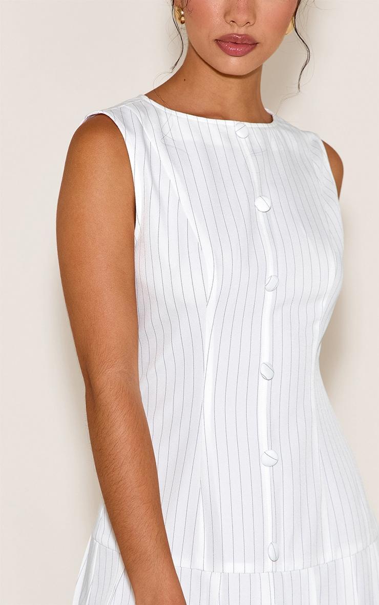 White Pinstripe Button Down Pleated Hem Shift Dress Product Image