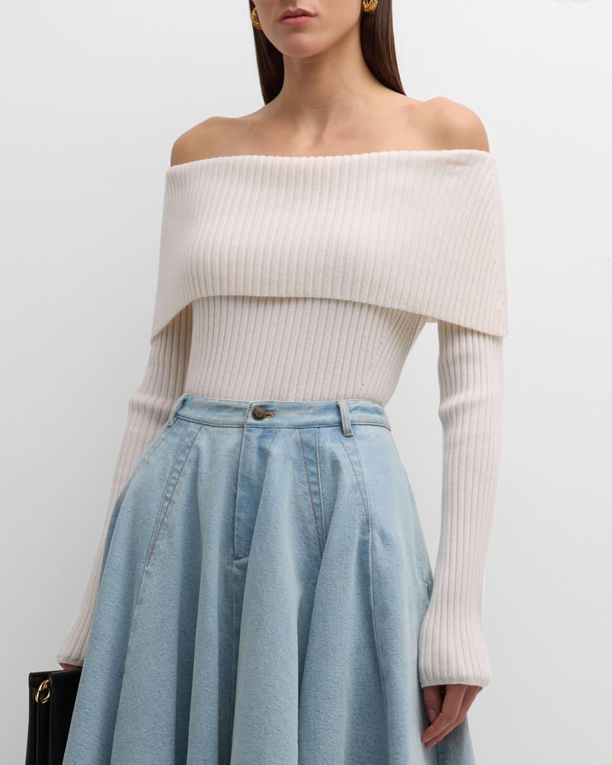 Off-Shoulder Ribbed Wool Cashmere Sweater Product Image