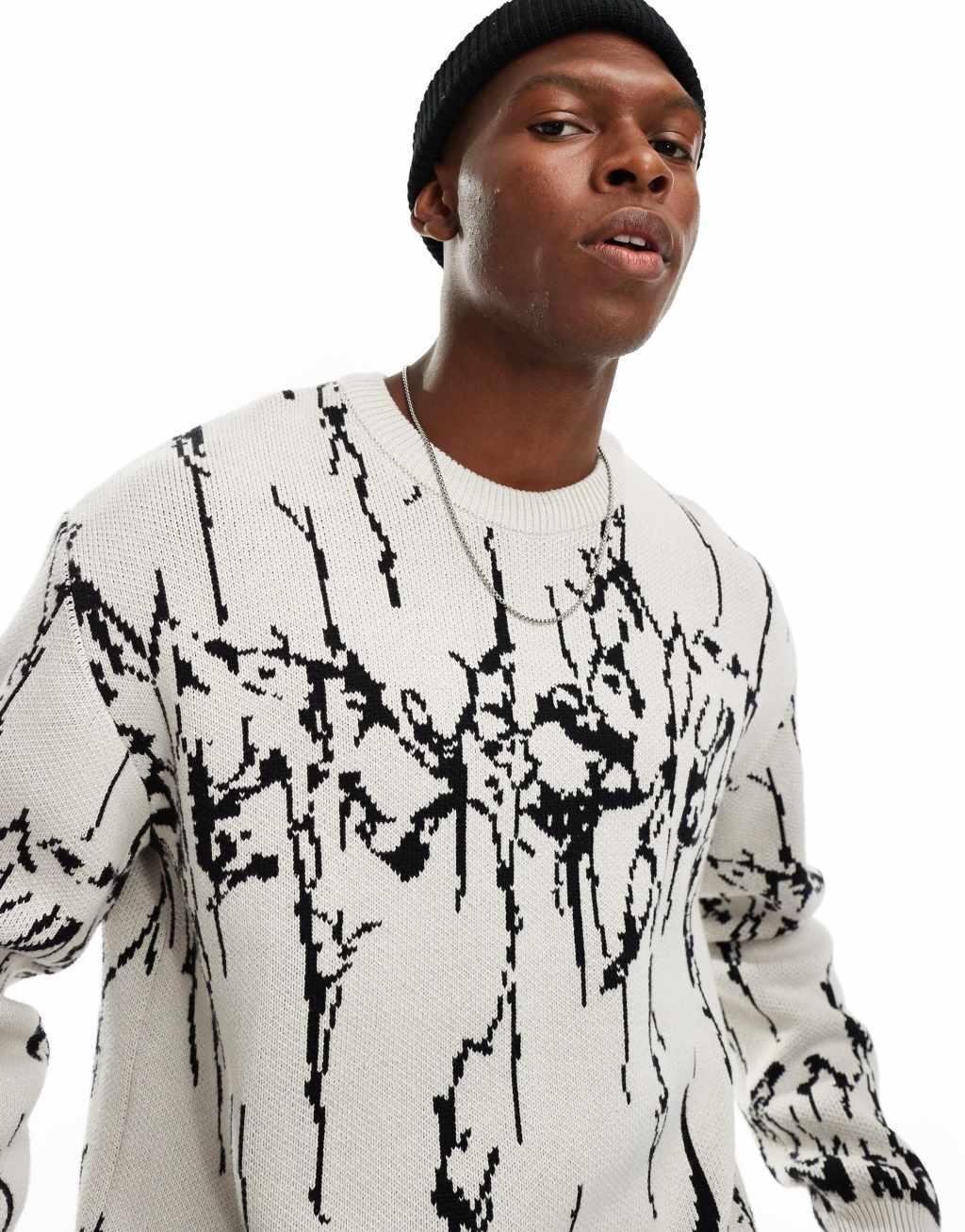 Weekday Emilio sweater with black pattern jacquard graphic in off-white Product Image