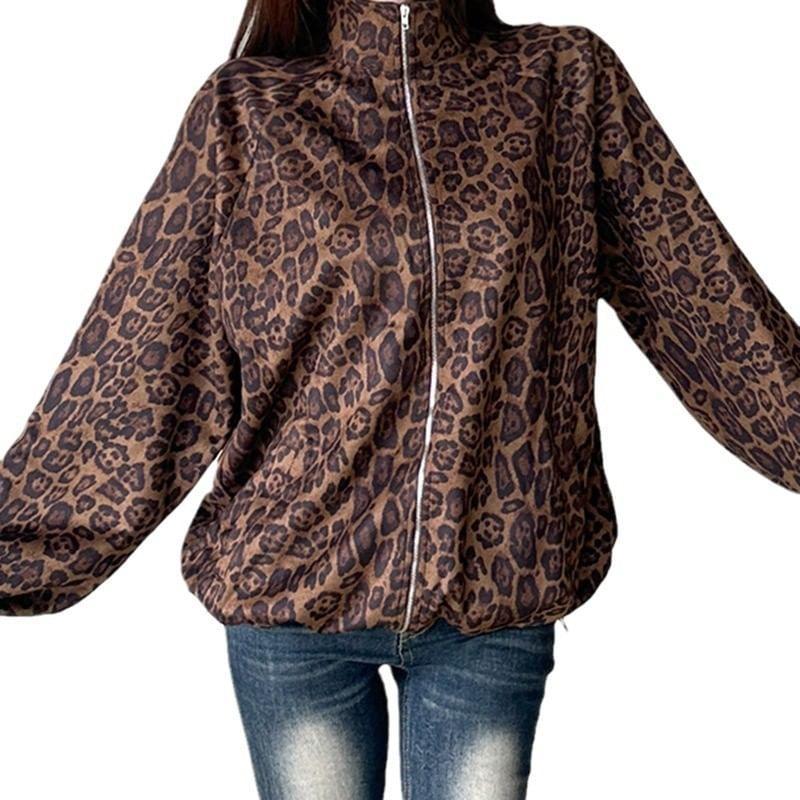 Stand Collar Leopard Print Zip Jacket Product Image