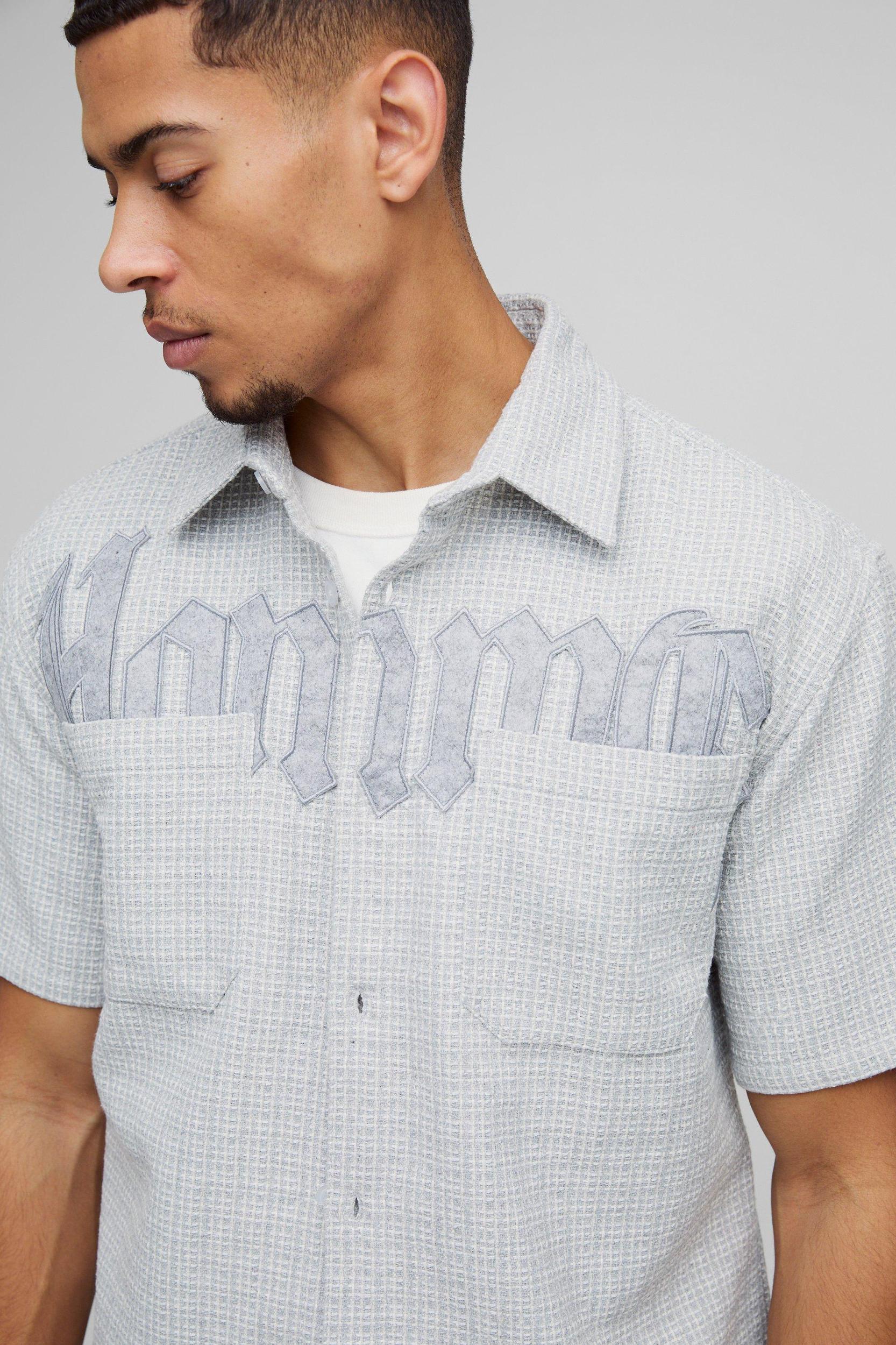 Oversized Boxy Homme Applique Double Pocket Flannel Shirt | boohooMAN USA Product Image