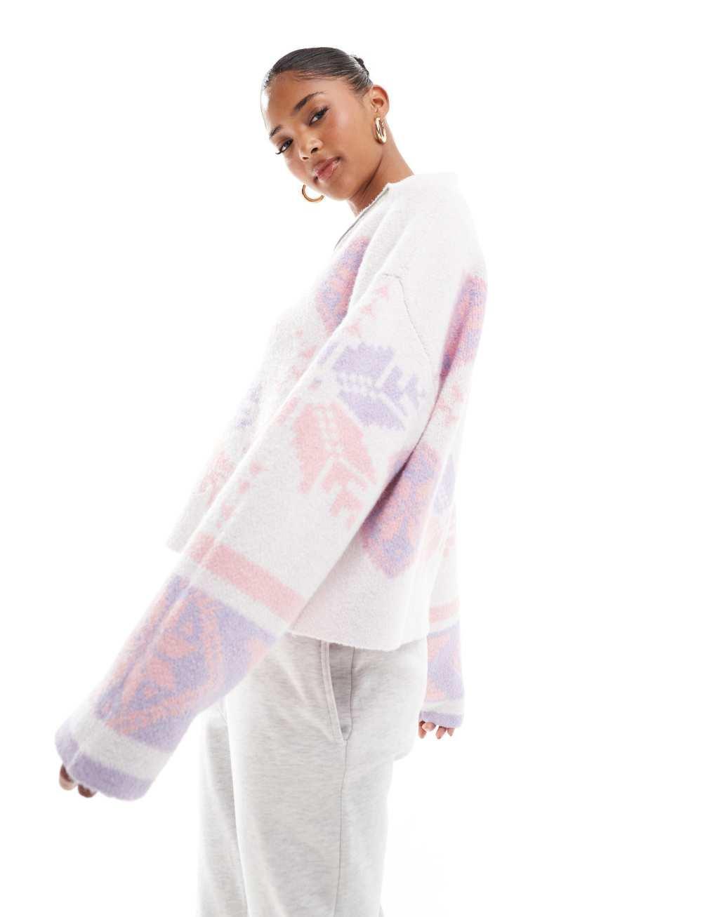 ASOS DESIGN zip neck fairisle sweater in pink and lilac Product Image