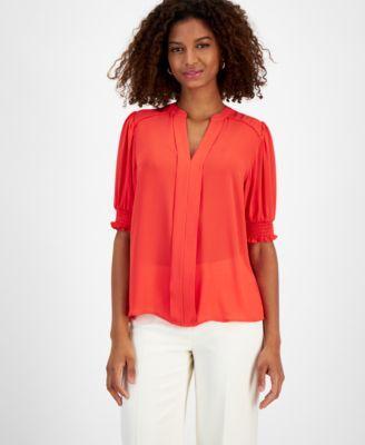 T Tahari Womens Split-Neck Smocked-Sleeve Top Product Image