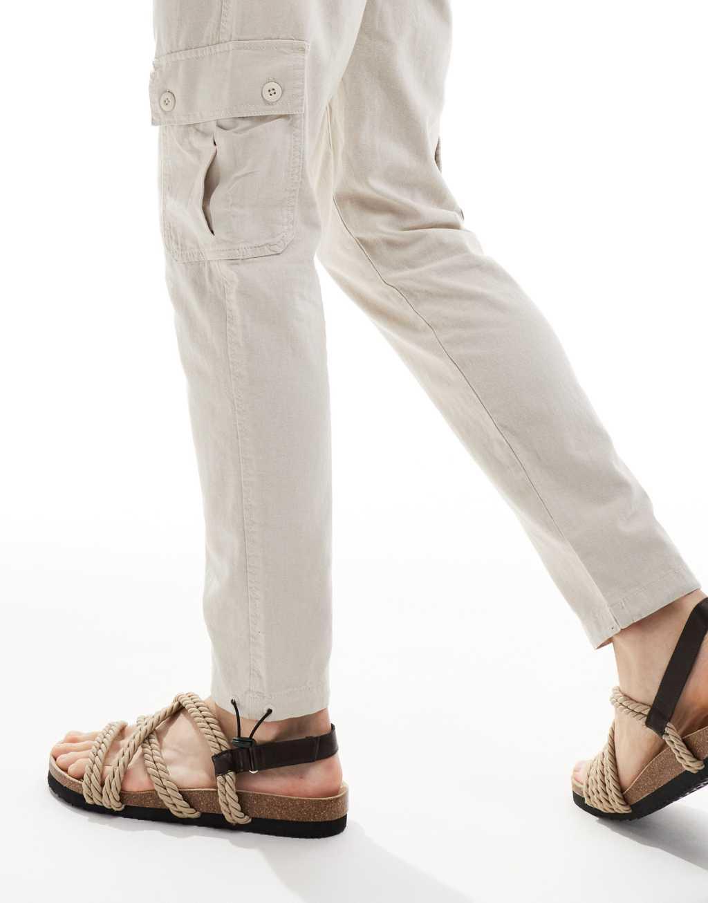 ASOS DESIGN tapered cargo linen pants in washed stone Product Image