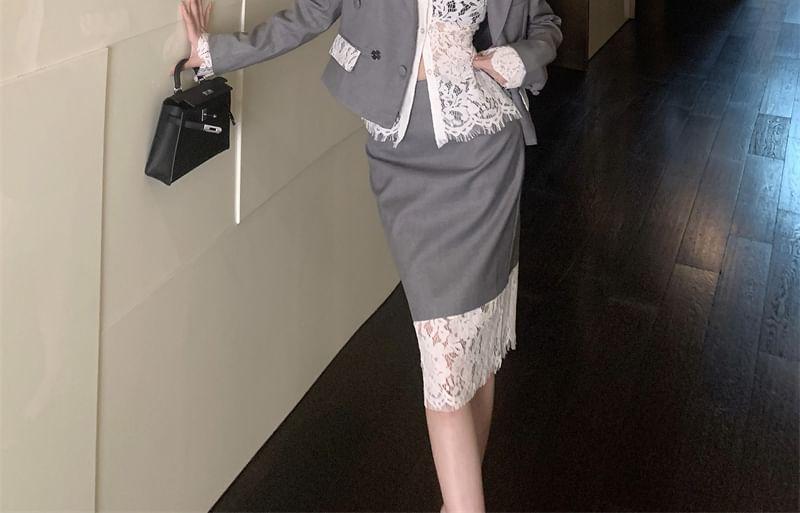 Lace-Trim Double-Breasted Blazer / Midi Skirt Product Image