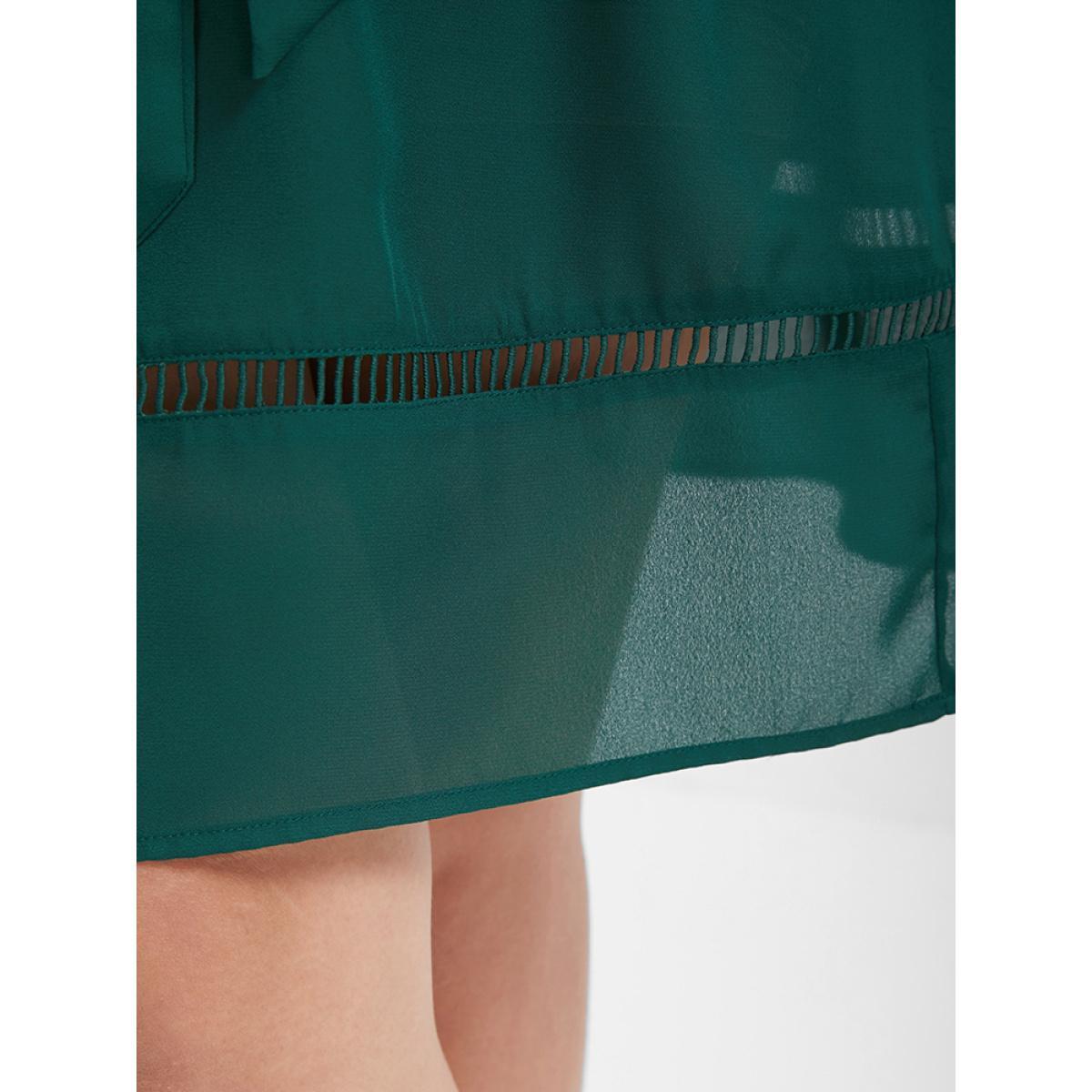 Plus Size Plain Broderie Anglaise Ruffles Belted Ties Knee Dress DarkGreen Women Elegant Gathered V-neck Short sleeve Curvy Knee Dress BloomChic 10/M Product Image
