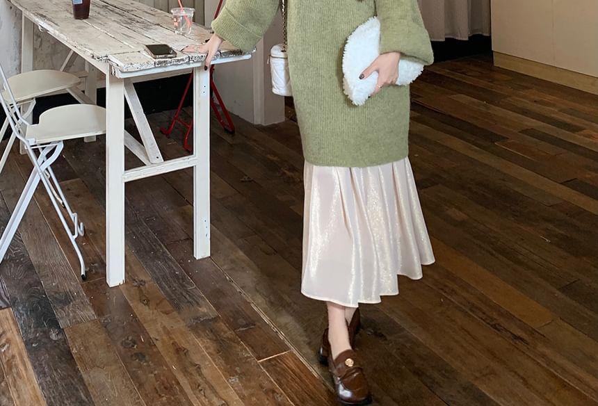 V-Neck Plain Long Sweater / High Waist Midi A-Line Skirt Product Image