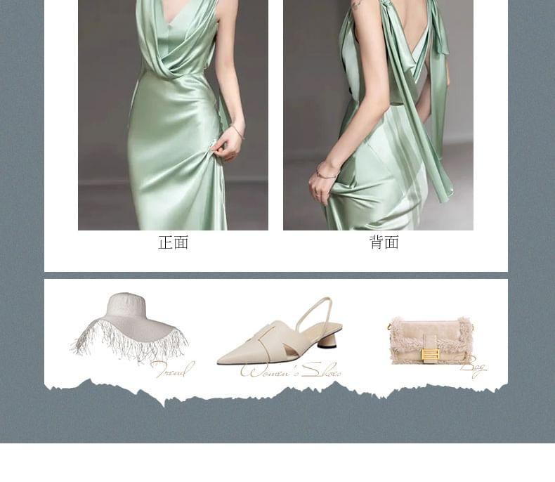 Sleeveless V-Neck Plain Open Back Satin Mermaid Evening Gown Product Image