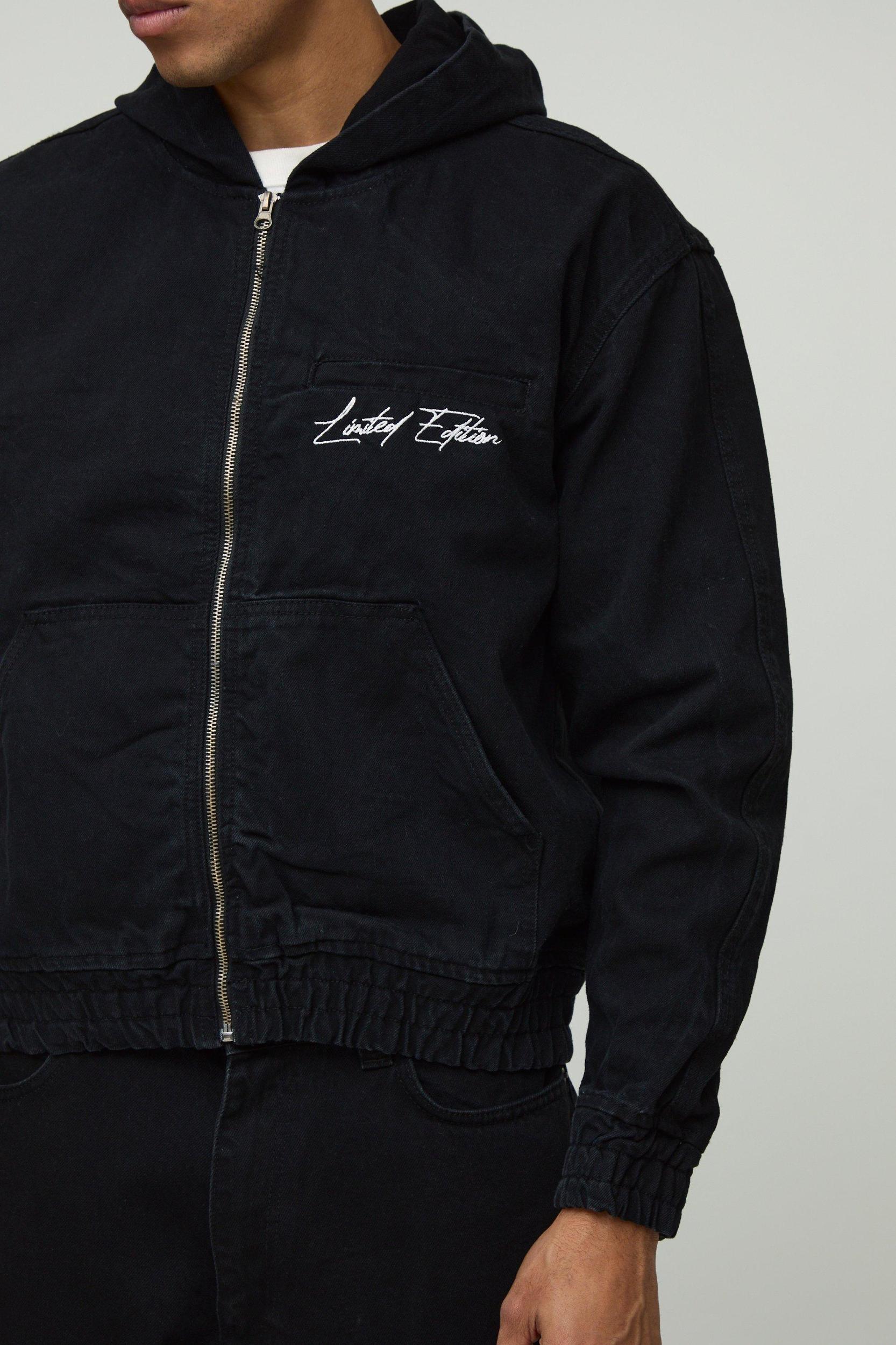 Boxy Embroidery Denim Hoodie | boohooMAN USA Product Image