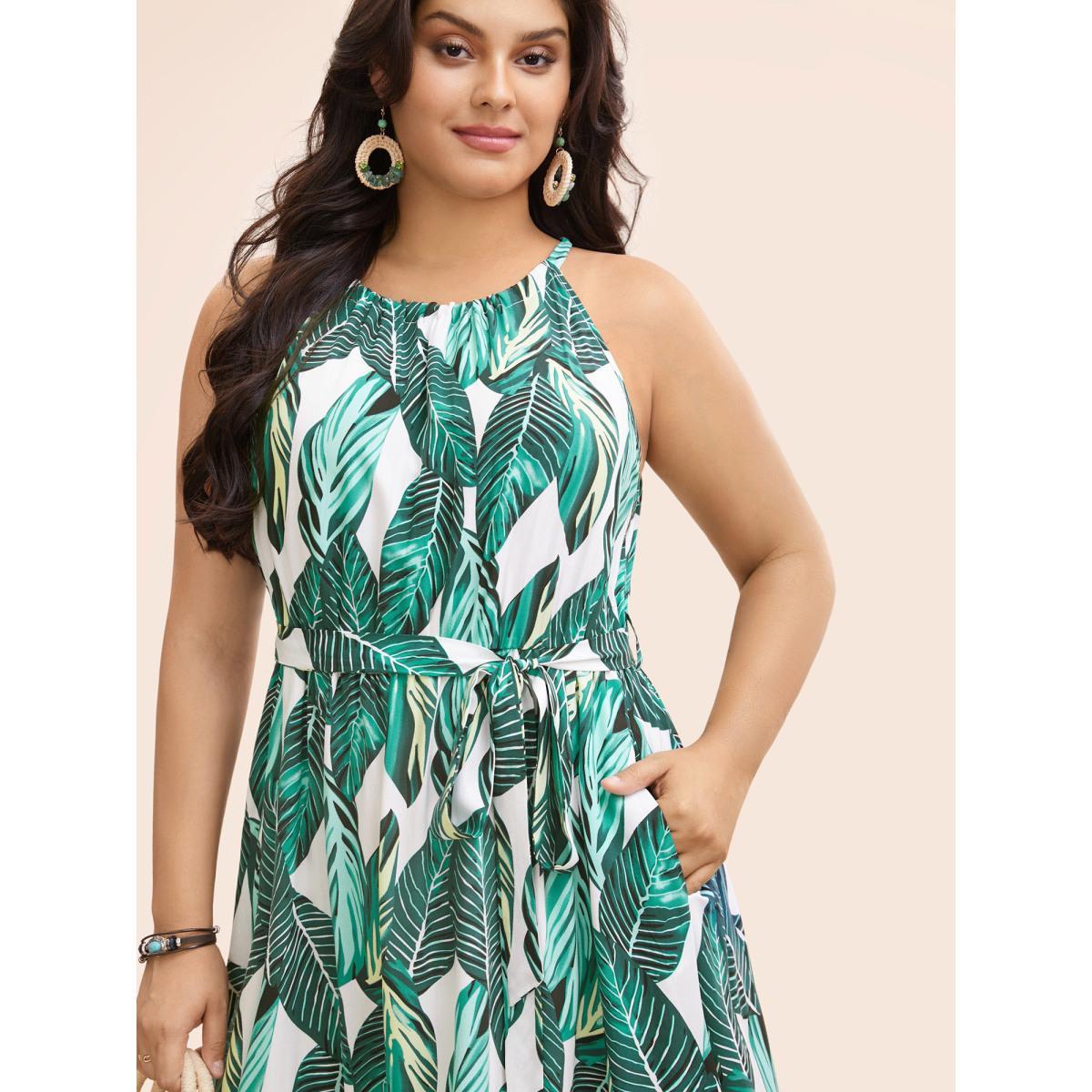 Plus Size Tropical Print Knotted Pocket Ruffles Belted Halter Dress Emerald Women Resort Non Halter neck Sleeveless Curvy Midi Dress BloomChic 10/M Product Image