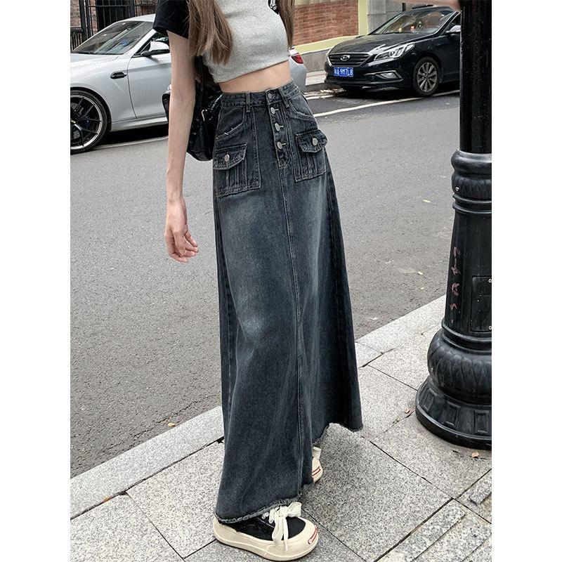 High Rise Washed Denim Maxi A-Line Skirt Product Image