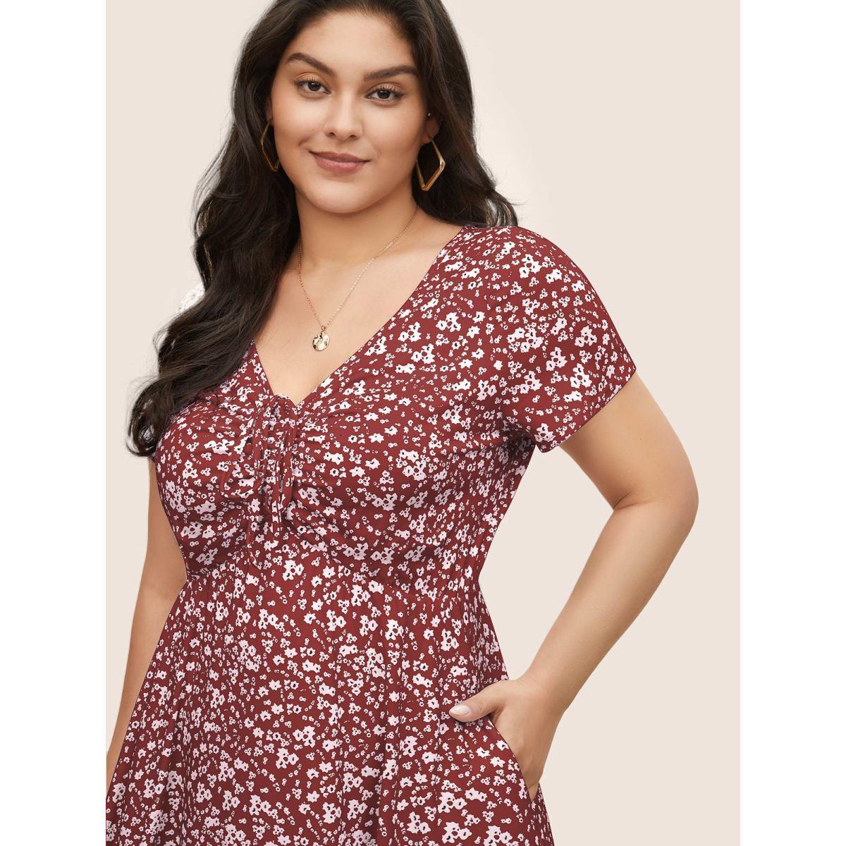 Plus Size Ditsy Floral Elastic Waist Knot Drawstring Dress Russet Women Casual Non V-neck Short sleeve Curvy Midi Dress BloomChic 22-24/3X Product Image