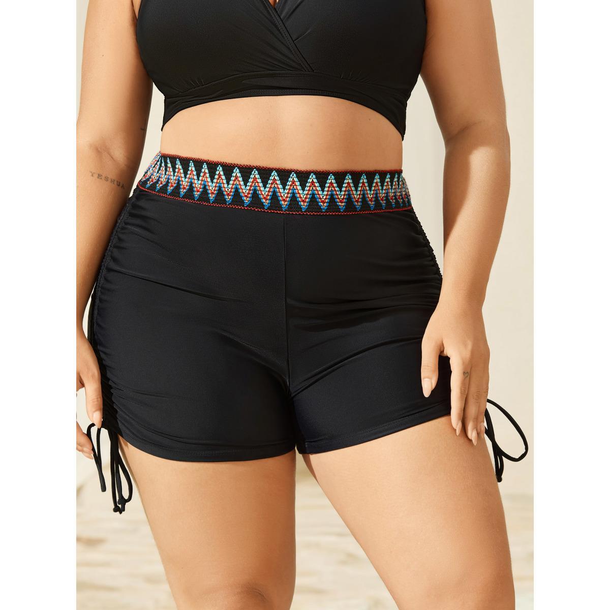 Plus Size Multi-Color Webbing Side Drawstring Swim Bottoms Women's Swimwear Black Beach Woven ribbon&lace trim High stretch Skinny High Rise Curve Swim Bottoms BloomChic 22-24/3X Product Image