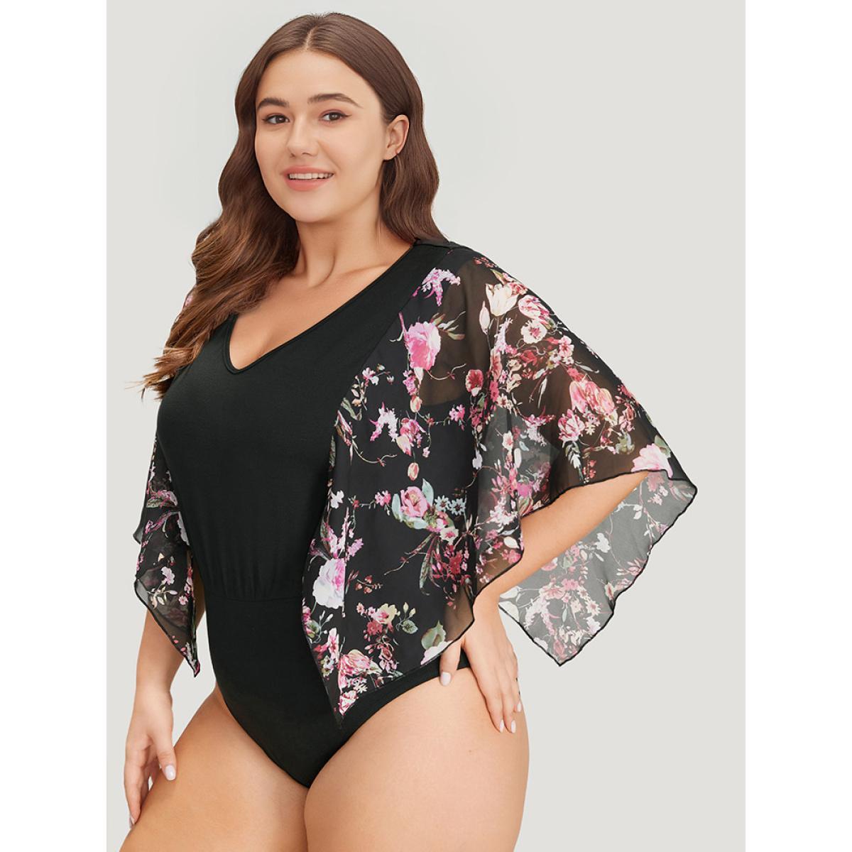 Plus Size Floral Print Patchwork Mesh Asymmetrical Sleeve Bodysuit Women Black Ditsy Floral Printed Bodysuits BloomChic 18-20/2X Product Image