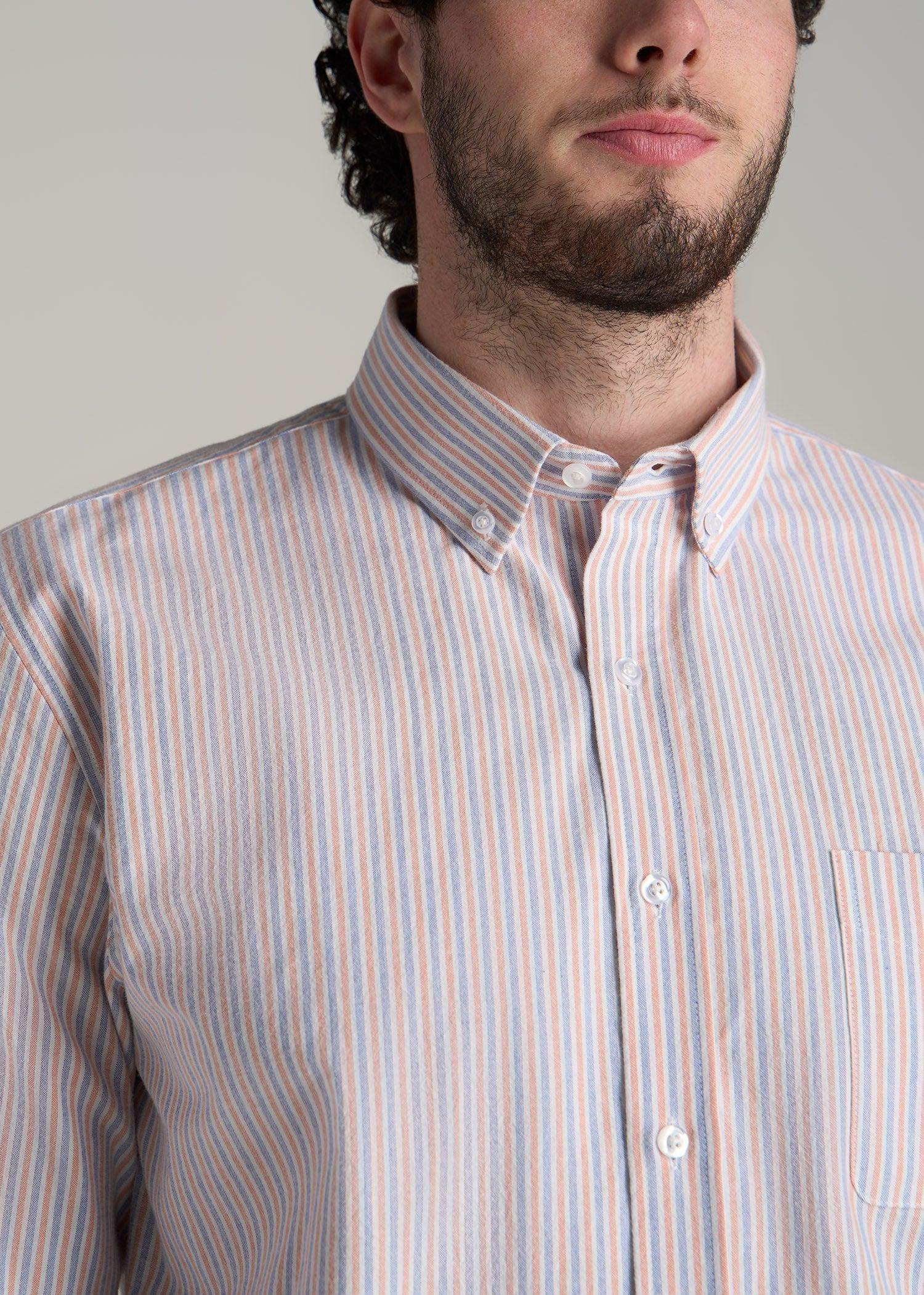 Washed Oxford Shirt for Tall Men in Apricot and Blue Multi Stripe Product Image