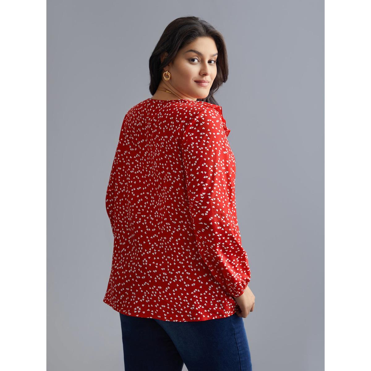 Plus Size Crimson V Neck Ruffle Heart Blouse Women Elegant Extra Long Sleeve V-neck Everyday Blouses BloomChic 26/4X Product Image