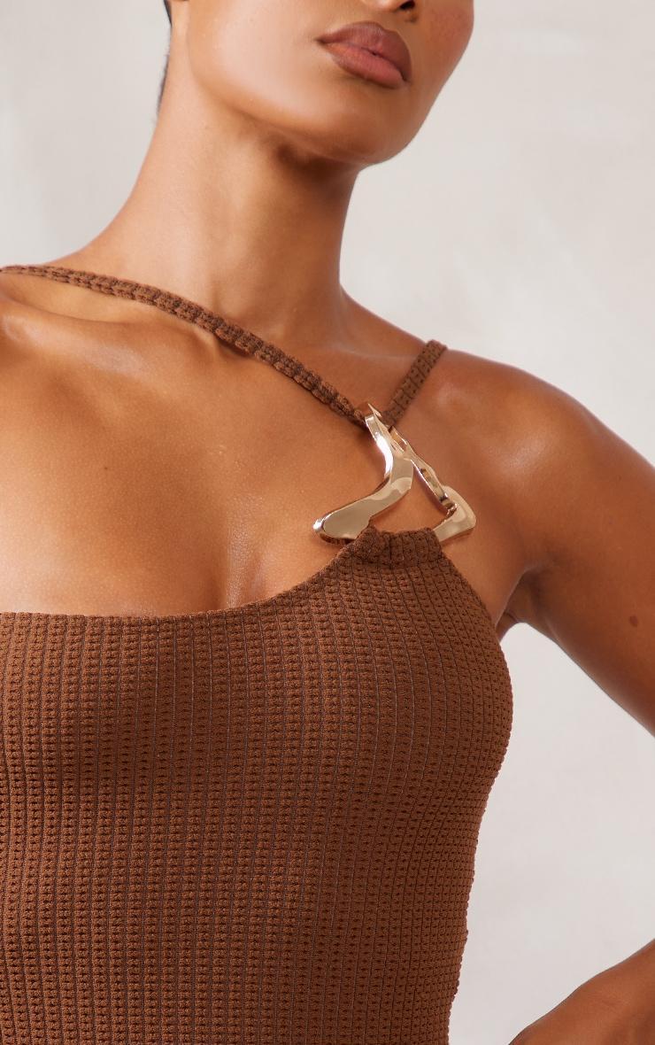 Brown Gold Trim Asymmetric Waffle Swimsuit Product Image