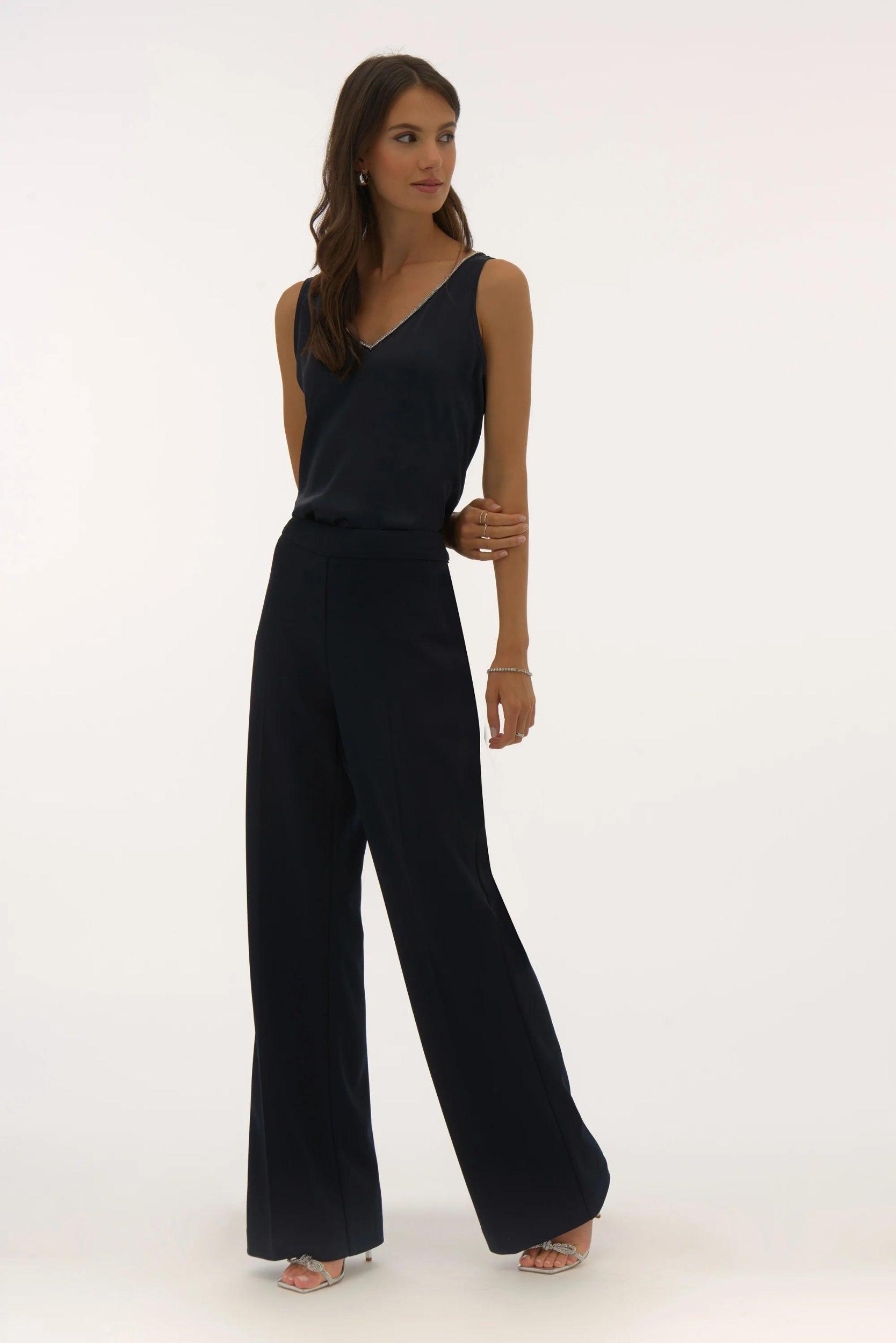 Satin Sleeveless Top with Rhinestone Trim- Midnight Product Image