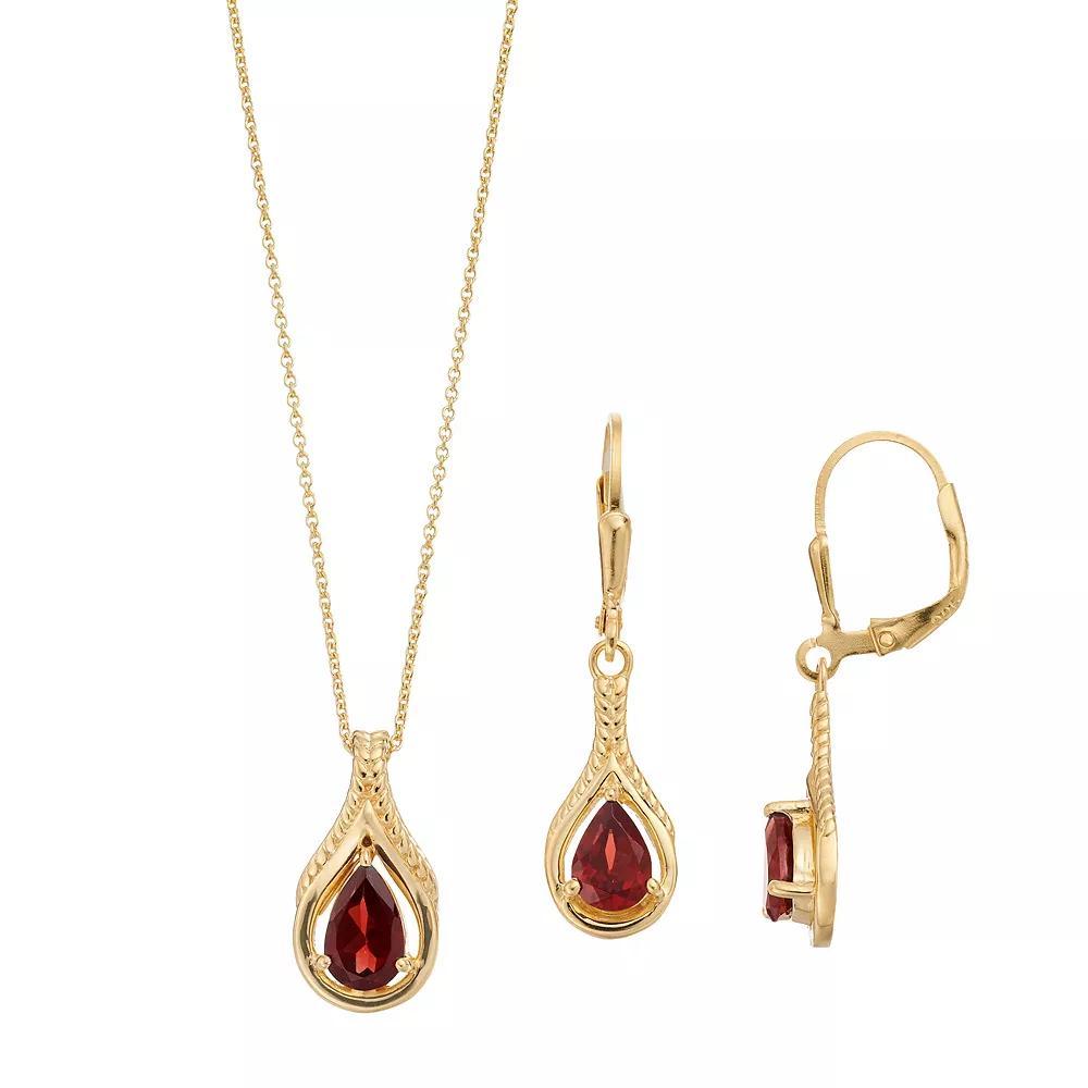 14k Gold Over Sterling Silver Garnet Pear Drop Earring & Pendant Necklace Set, Women's, Gold Tone Product Image