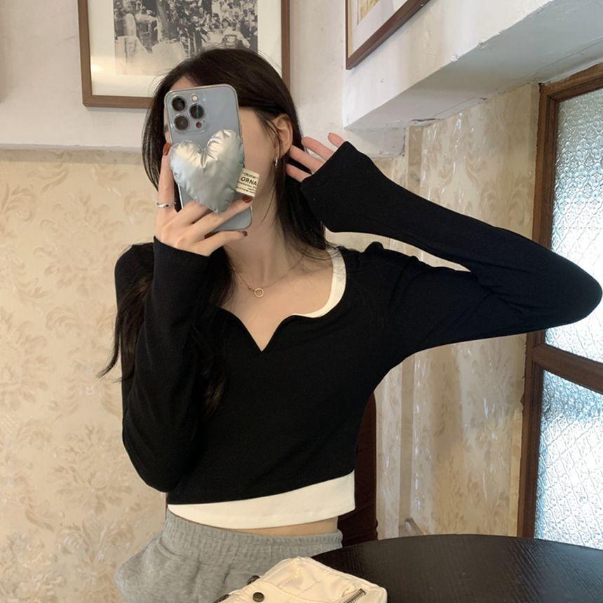Mock Two-Piece Long-Sleeve Notched Crop Top Product Image