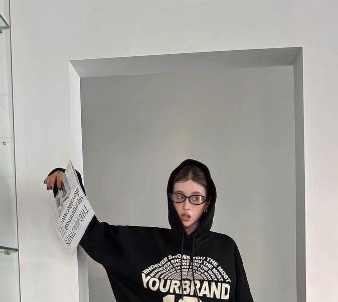 Lettering Print Drawstring Hoodie Product Image