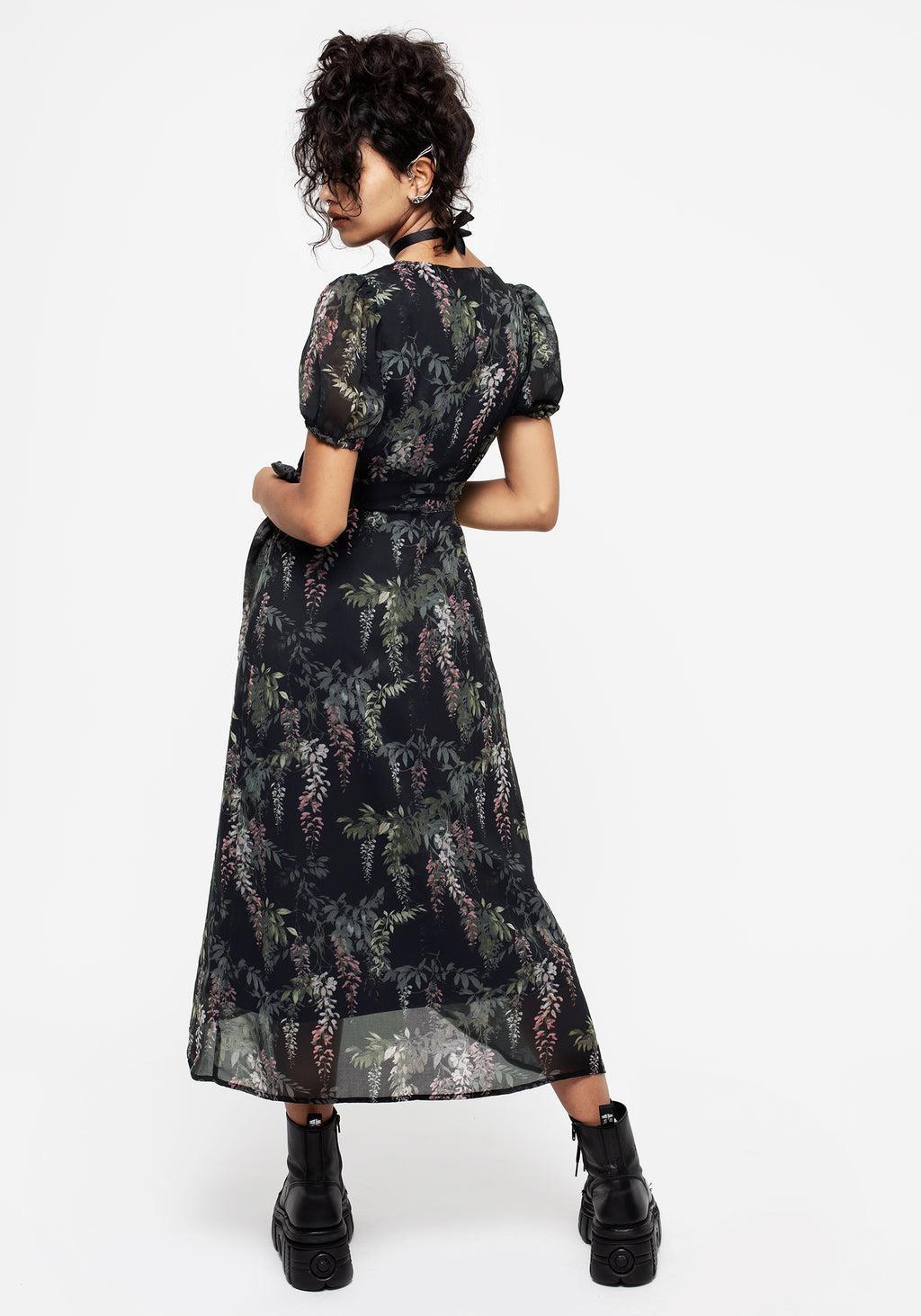 Wisteria Floral Print Chiffon Midi Wrap Dress Product Image