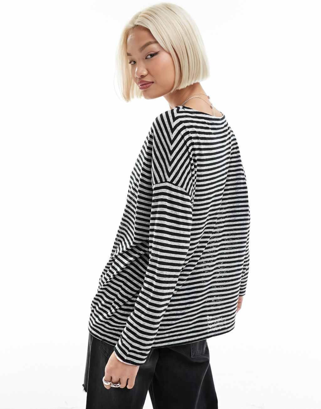 AllSaints Rita stripe long sleeve top in black Product Image
